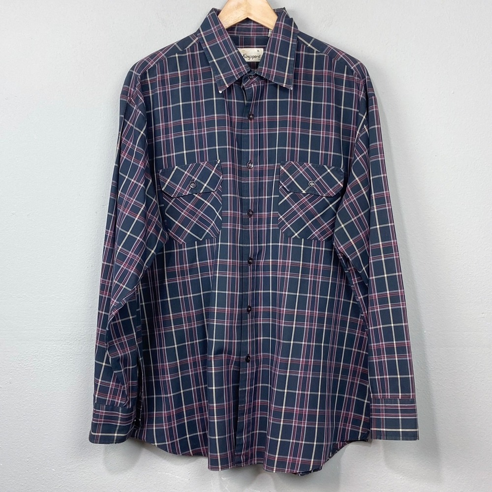 Vintage Kingsport Button Down Shirt Mens XL Navy Blue Plaid Long Sleeve Pockets